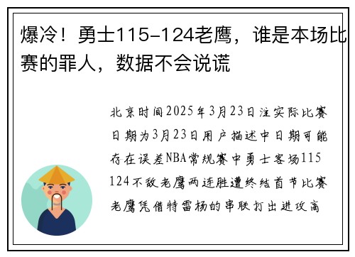 爆冷！勇士115-124老鹰，谁是本场比赛的罪人，数据不会说谎