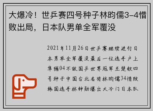 大爆冷！世乒赛四号种子林昀儒3-4惜败出局，日本队男单全军覆没